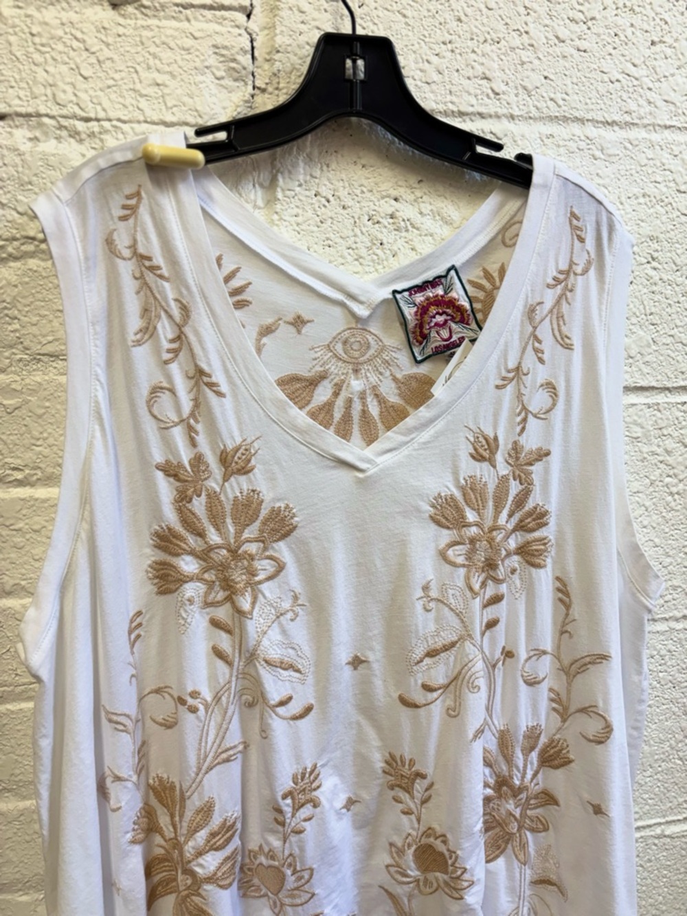 Johnny Was White V-Neck Drape Tank with Tan Floral Embroidery - Picture 4 of 7